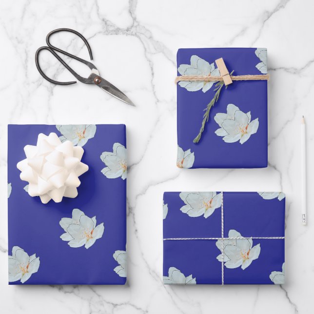  Blossoms On Deep Blue    Wrapping Paper Sheet (Front)