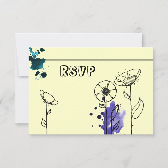 Blotchy flowers blue RSVP card (Front)