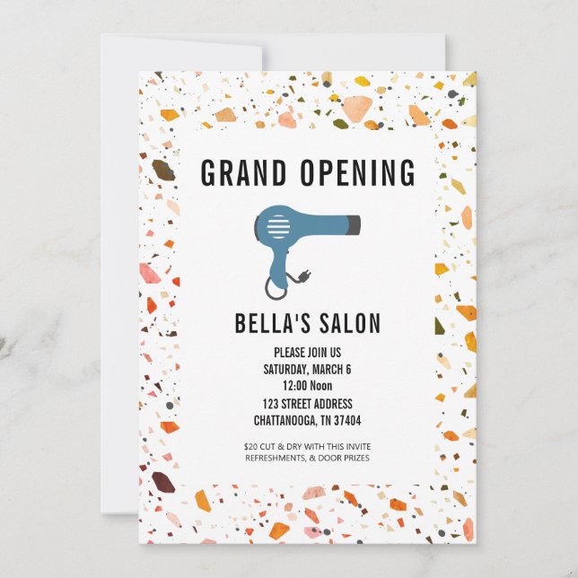 Blow Dryer Terrazzo Salon Opening Invitation (Front)