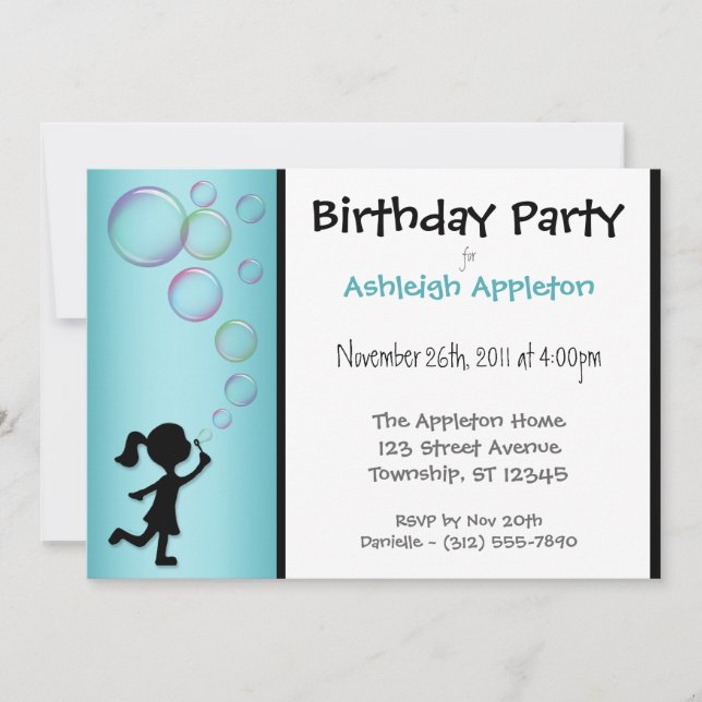 Blowing Bubbles Aqua Birthday Invitations (Front)