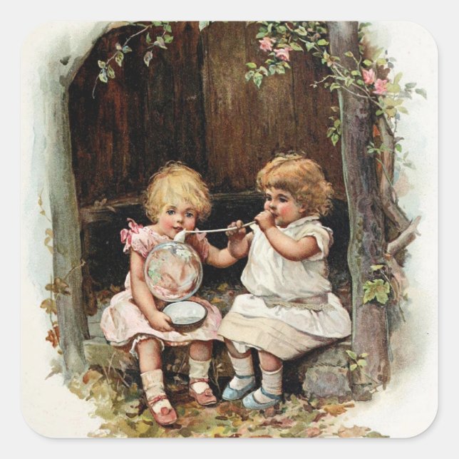 Blowing Bubbles Vintage Girls Square Sticker (Front)