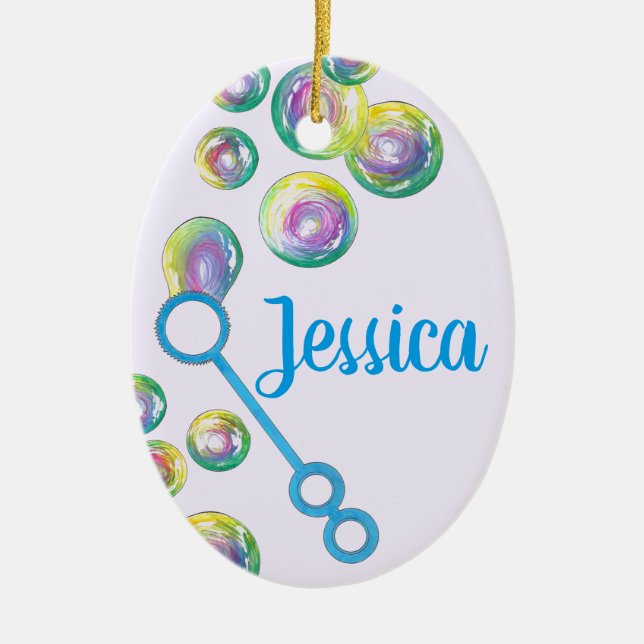 Blowing Rainbow Soap Bubbles Bubble Wand Blue Ceramic Tree Decoration (Front)