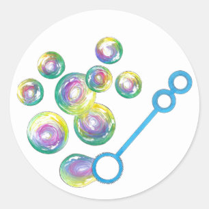 Blowing Rainbow Soap Bubbles Bubble Wand Blue Classic Round Sticker