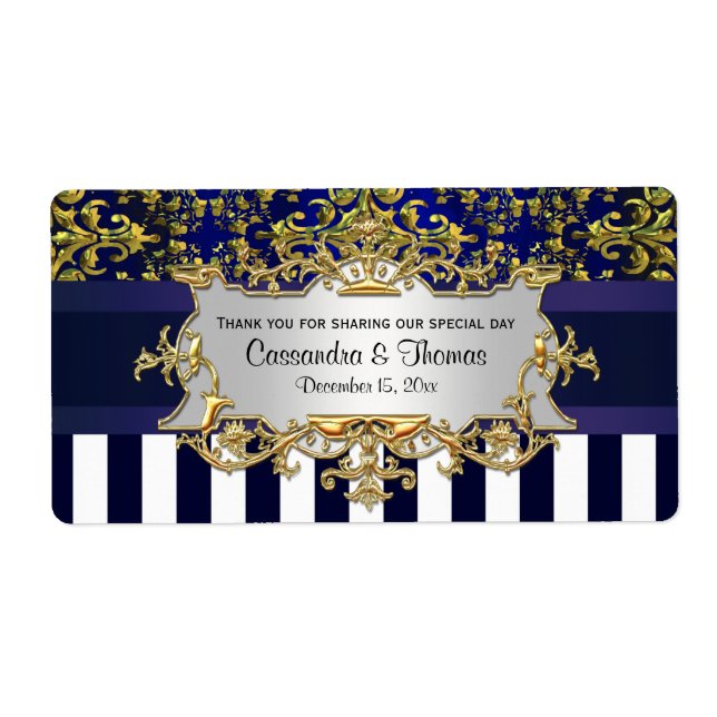Blu Wht Stripe, Blu Gld Damask H Wine Bottle Label (Front)