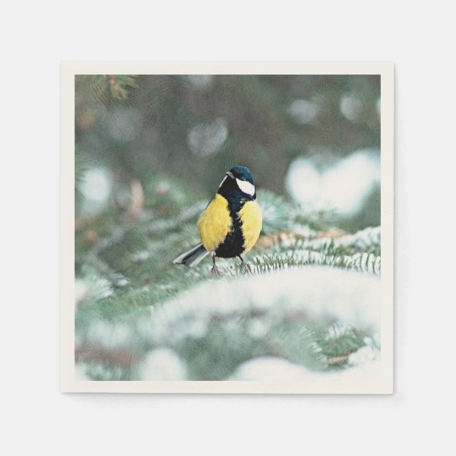 Blue Сhickadee Bird On Green Spruce Tree Napkin (Front)