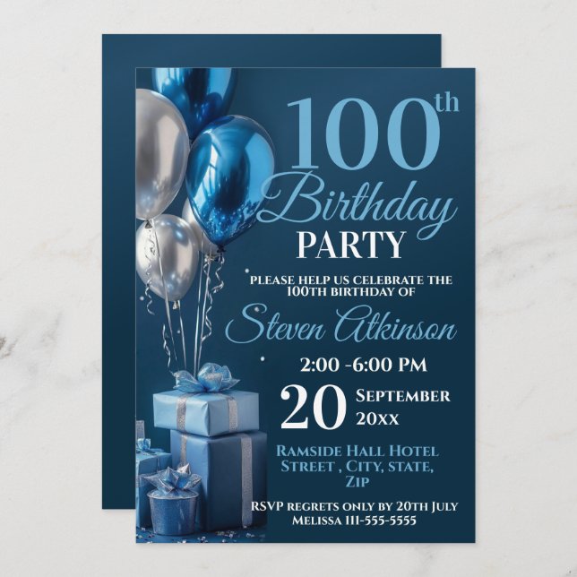 Blue 100th Birthday Balloon Gifts Invitation (Front/Back)
