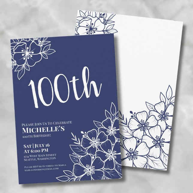 Blue 100th Birthday Party Invitation (Navy Blue 100th Birthday Party Invitation)