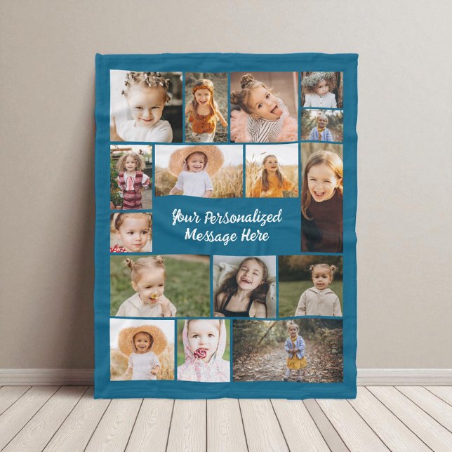 Blue 16 Photo Collage Modern Personalised Custom  Fleece Blanket (Creator Uploaded)