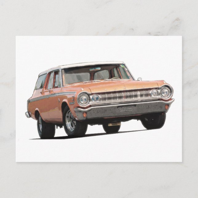 Blue 1964 Dodge station wagon. Postcard (Front)
