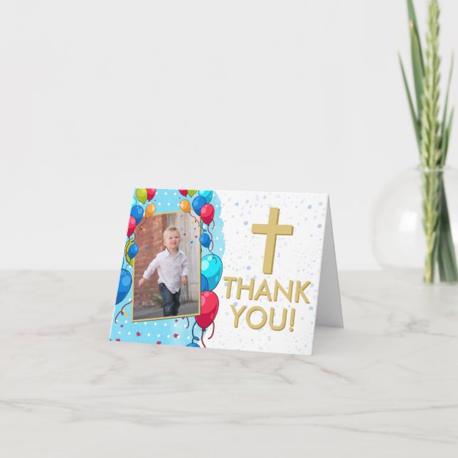 Blue 1st Birthday Baptism Gold Text Photo for Boy Thank You Card (Front)