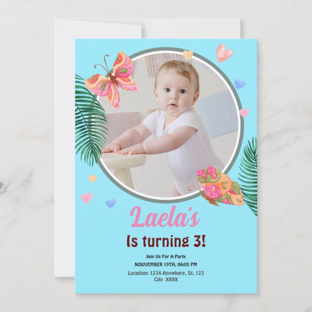 Blue 1st Birthday Butterfly Invitation with Photo (Front)