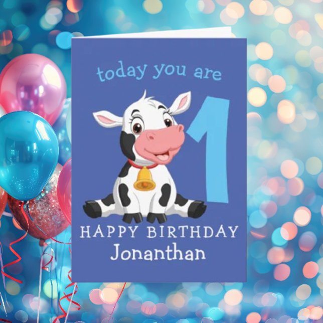 Blue 1st Birthday Cow Card (The card captures the essence of a happy birthday celebration who love cows)