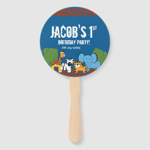 Blue 1st Birthday Jungle Safari theme Hand Fan