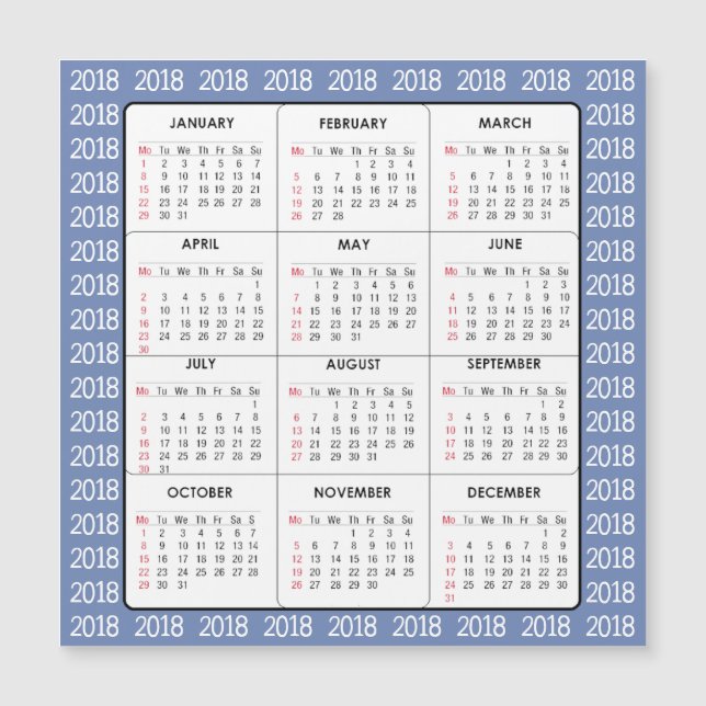 Blue 2018 Calendar Square Magnetic Card (Front)