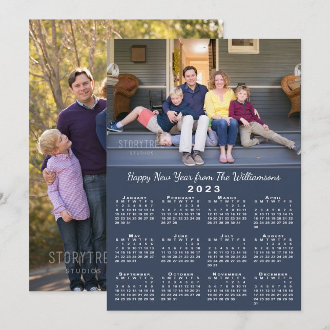 Blue 2023 Calendar 2 Custom Photos Happy New Year Holiday Card (Front/Back)