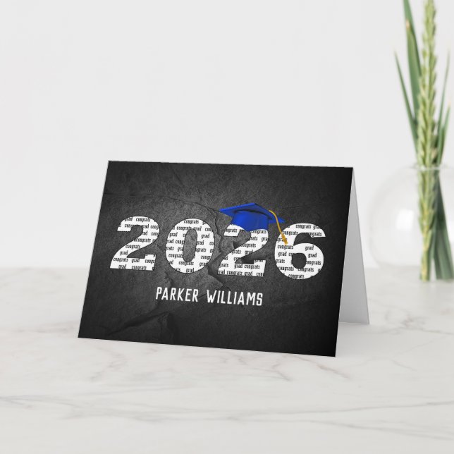 Blue 2025 Graduation Cap On Black Rock Card (Front)