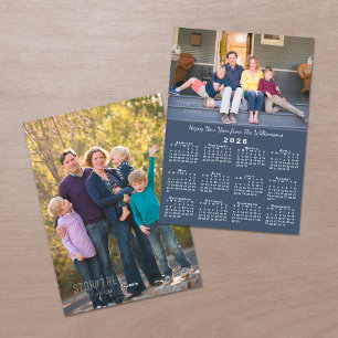 Blue 2026 Calendar 2 Custom Photos Happy New Year Holiday Card