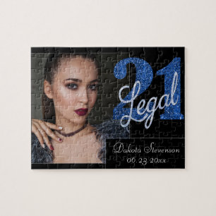 Blue 21 and Legal Glitter 21st Birthday Photo Jigsaw Puzzle