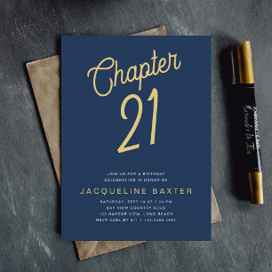 Blue 21st Birthday Gold Script 21 Birthday Invitation