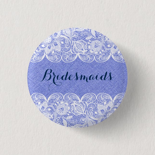 Blue 2 Faux Linen & White Lace Bridesmaids Button (Front)
