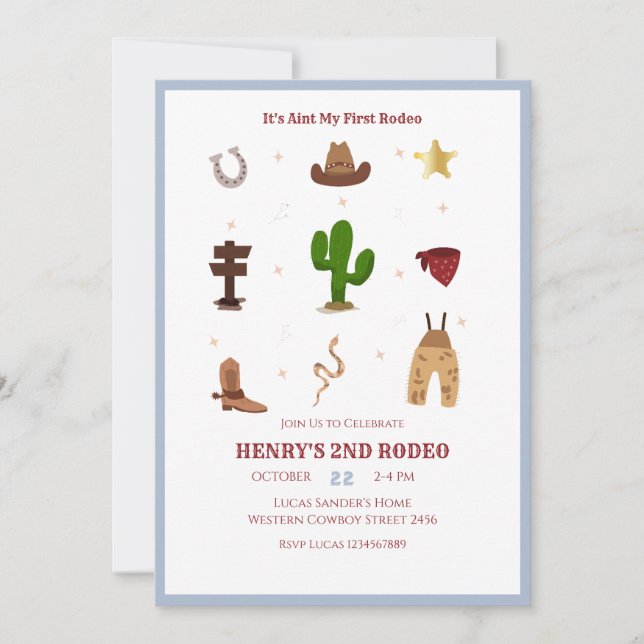 Blue 2nd Rodeo Cowboy Kids Birthday Invitation (Front)