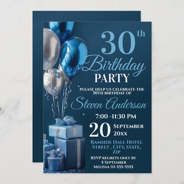 Blue 30th Birthday Balloon Gifts Invitation (Front/Back)
