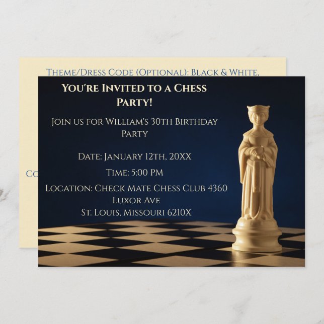 Blue 30th Birthday Party Chess Queen Invitation (Front/Back)