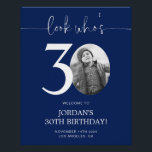 Blue 30th Birthday Welcome Sign | Look Who's 30<br><div class="desc">Welcome guests to your 30th birthday celebration with this stunning editable welcome sign. Featuring a sleek, customizable layout, this template allows you to easily add your own photo and personalize the text, making it a perfect addition to your milestone 30th birthday decor. Ideal for entryways or as a party focal...</div>