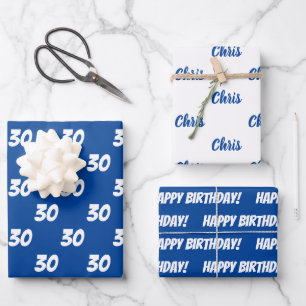 Blue 30th Happy Birthday Custom Name Wrapping Paper Sheet