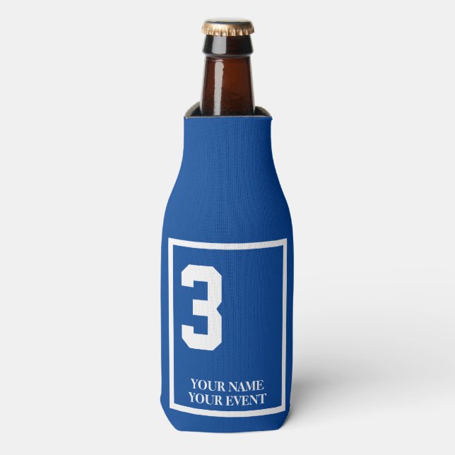 Blue 3 Personalised Horse Racing Saddle Blanket Bottle Cooler (Bottle Front)