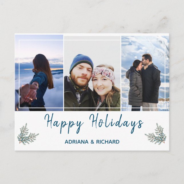 Blue 3 photo Christmas Holiday Postcard (Front)