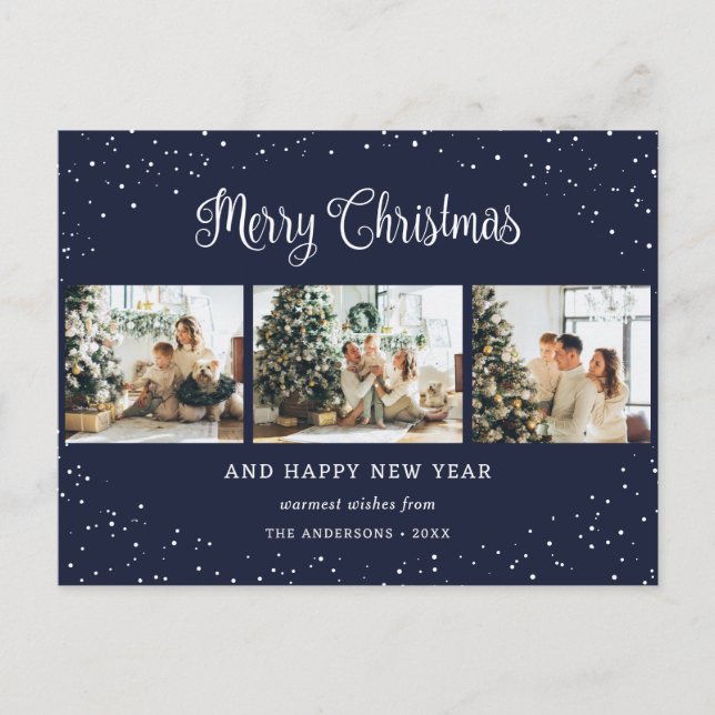 Blue 3 Photo Collage Snow Minimalist Holiday Postcard (Front)