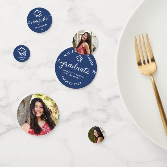 Blue 3 Photo Graduation Modern Script Hearts Cap Confetti (Group)