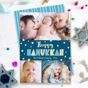 Blue 3 Photo Happy Hanukkah Fun Type Real Gold