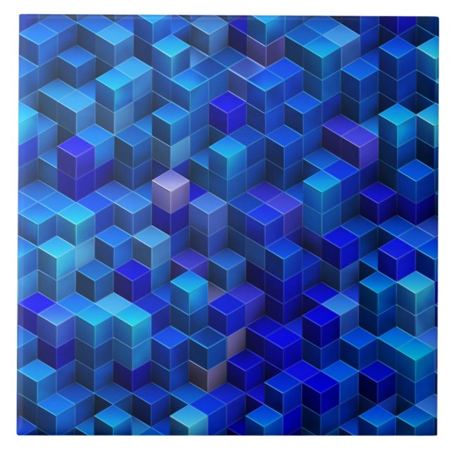 Blue 3D cubes abstract geometric pattern Tile (Front)