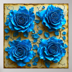 💙 Blue 3D Roses Elegant Floral Modern Fantasy Poster