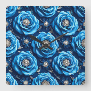 Blue 3d roses pattern square wall clock