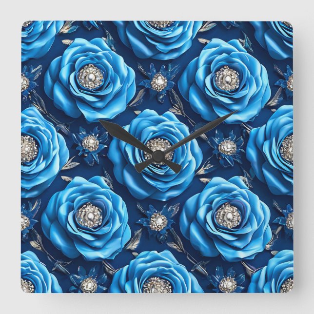 Blue 3d roses pattern square wall clock (Front)