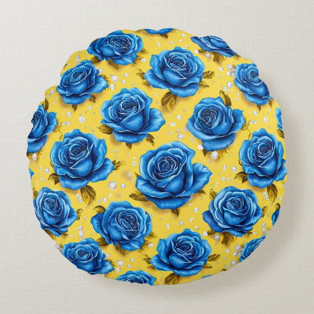 Blue 3d roses round cushion (Front)