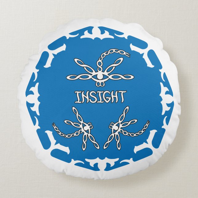 Blue, 3rd Eye Chakra "Insight" Dragonfly White BG Round Cushion (Front)