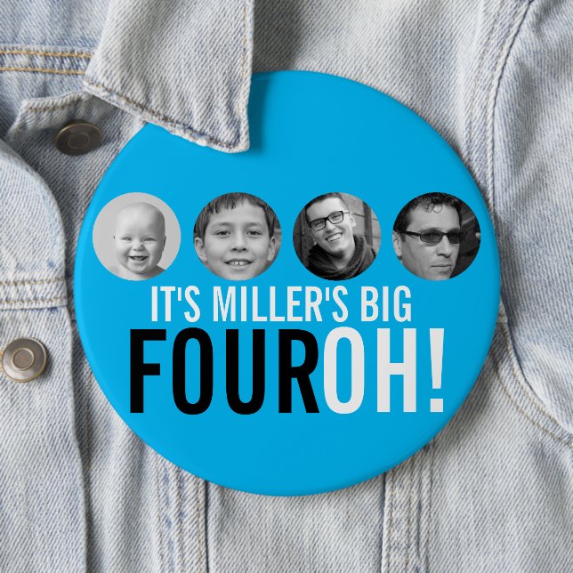 Blue 40th Four OH! photo fortieth birthday badge (In Situ)