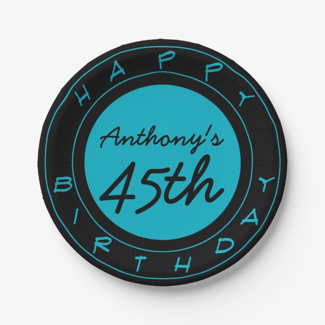 Blue 45th Birthday Party Personalised Paper Plates (Front)