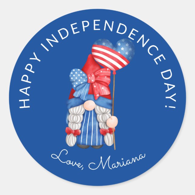 Blue 4th of July Gnome Independence Day Favours Classic Round Sticker (Front)