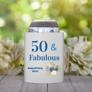 Blue 50 & Fabulous Typography Birthday Can Cooler