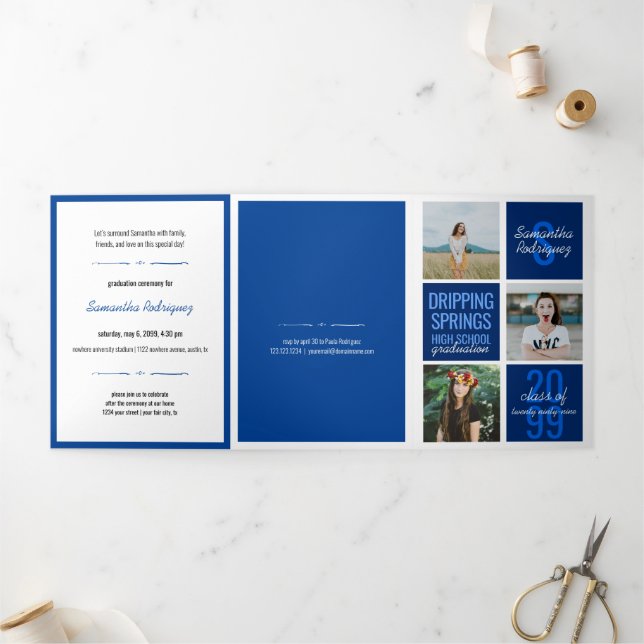 Blue 5-Photo Fun Boxes Graduation Tri-Fold Invitation (Outside)