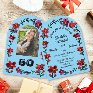 Blue 60th Birthday Party Whimsical Doodle Flowers Invitation