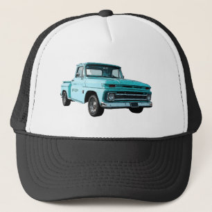 blue '64 Chevy stepside pickup on trucker hat