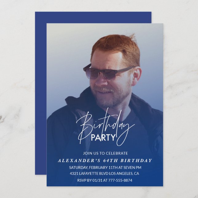 Blue 64th birthday invitation Birthday party Photo (Front/Back)