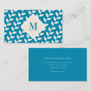 Blue 70s Retro Leaf Monogram Initial Business Card