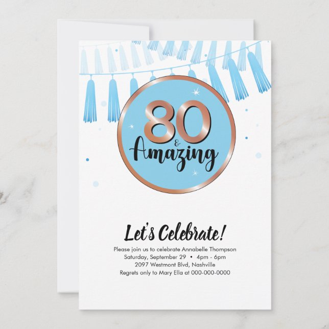 Blue 80 & Amazing 80th Birthday Party Invitation (Back)